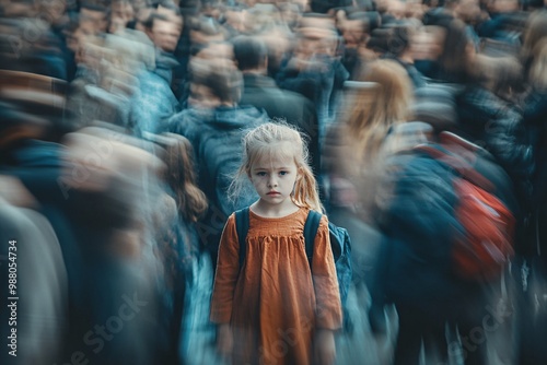 A young kid standing in the center of a blurry, fast-moving crowd, feeling invisible and forgotten photo