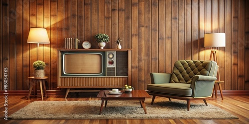 Retro living room with cozy wood paneling and a vintage television , retro, living room, wood paneling, vintage