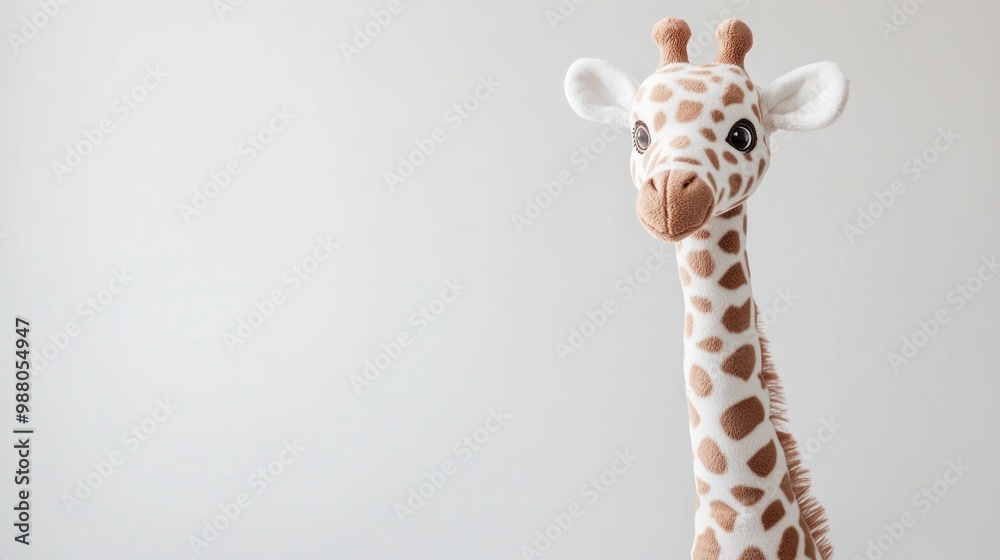 Obraz premium A plush giraffe toy stands against a light background, ideal for children's decor or playtime.