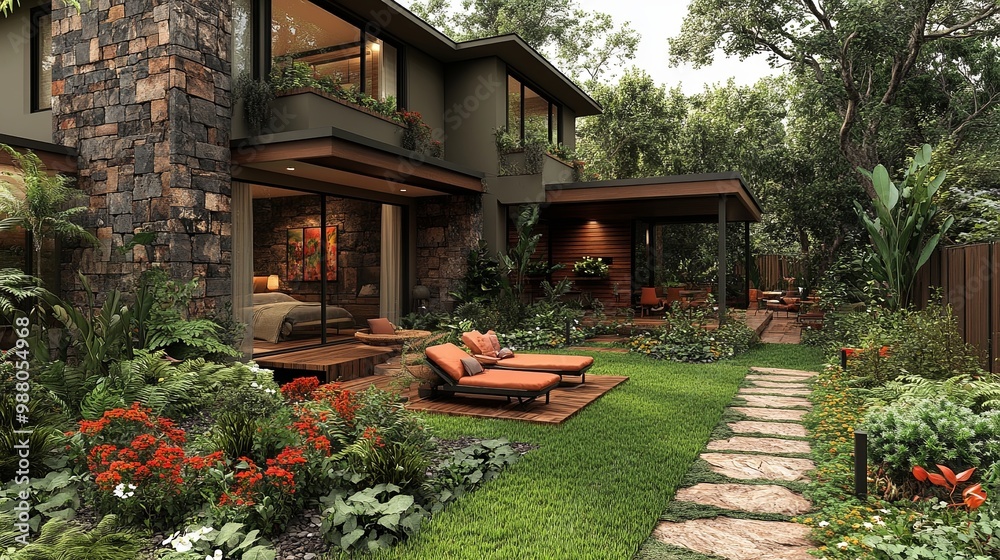 A Modern Stone House with a Lush Garden and a Winding Stone Path leading to a Relaxing Patio Area with Lounge Chairs A Modern Stone House with a Lush Garden and a Winding Stone Path leading to a Relaxing Patio Area with Lounge Chairs