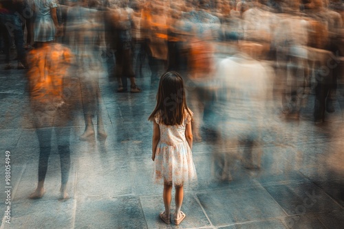 A girl standing at a sidewalk with blurry figures rushing around her, symbolizing confusion and uncertainty in her life photo