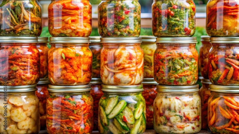 Variety of kimchi jars in South Korea, kimchi, jars, fermentation, traditional, Korean cuisine, food, pickled vegetables
