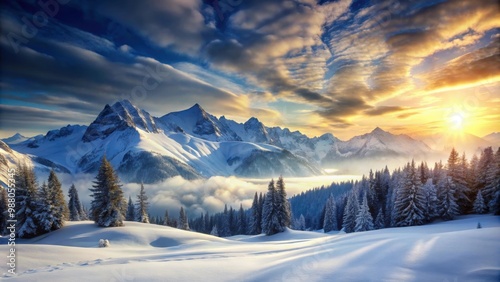Snowy mountain landscape with beautiful sky , snow, cold, nature, winter, mountains, landscape, snow-covered, high altitude