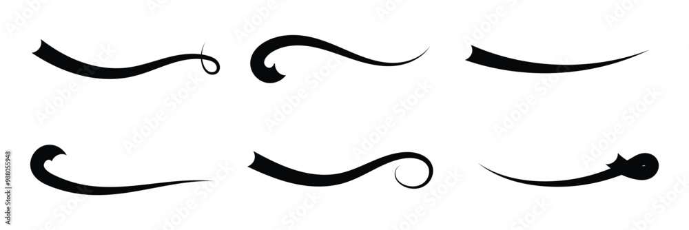 Calligraphic swoosh tail set, underline marker strockes. Sport logo typography elements. Texting letters tail for lettering or baseball club. Vector illustration in eps 10. Calligraphic swoosh tail set, underline marker strockes. Sport logo typography elements. Texting letters tail for lettering or baseball club. Vector illustration in eps 10.