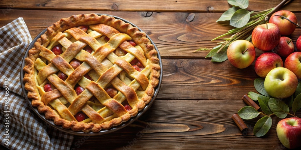 Home-made apple pie arranged with fresh apples on a rustic wooden table, apple, pie, homemade, dessert, delicious Home-made apple pie arranged with fresh apples on a rustic wooden table, apple, pie, homemade, dessert, delicious