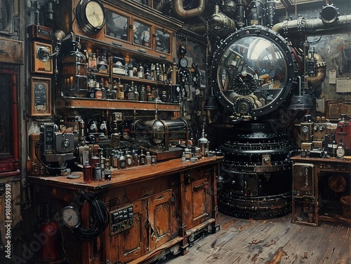 Steampunk Workshop Interior: A Glimmer of Futuristic Technology