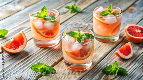 Refreshing grapefruit cocktails with mint and ice cubes on a light wooden background , summer, citrus, beverage, drink, cold