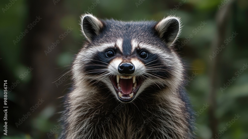 A close-up of an aggressive raccoon showing its teeth in a natural setting. A close-up of an aggressive raccoon showing its teeth in a natural setting.