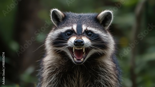 A close-up of an aggressive raccoon showing its teeth in a natural setting.