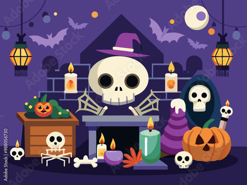 Horror silhouettes. Scary halloween decor skulls and skeletons, witch hats, black cats, crows and graveyard coffins. Spooky house vector 