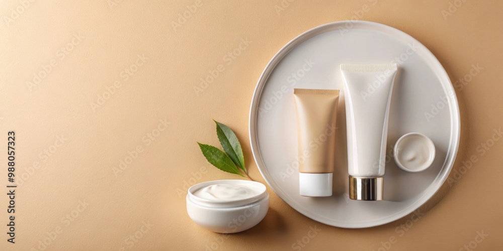 Skincare products displayed in dishes with a blank under eye cream tube on beige background, skincare, products Skincare products displayed in dishes with a blank under eye cream tube on beige background, skincare, products