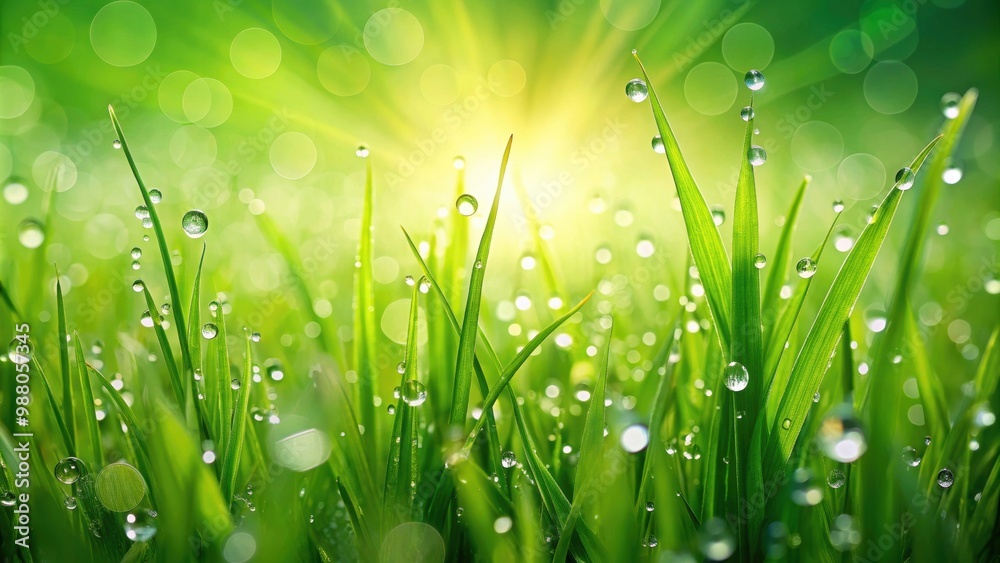 Fototapeta premium Vibrant green grass background with dew drops, nature, vibrant, fresh, field, growth, texture, meadow, spring, greenery