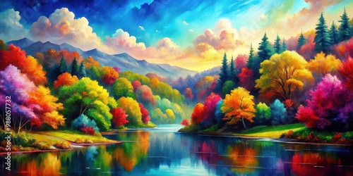 Colorful, vibrant multicolored painting of nature, bright, colorful, multicolored, abstract, background, vibrant, artistic