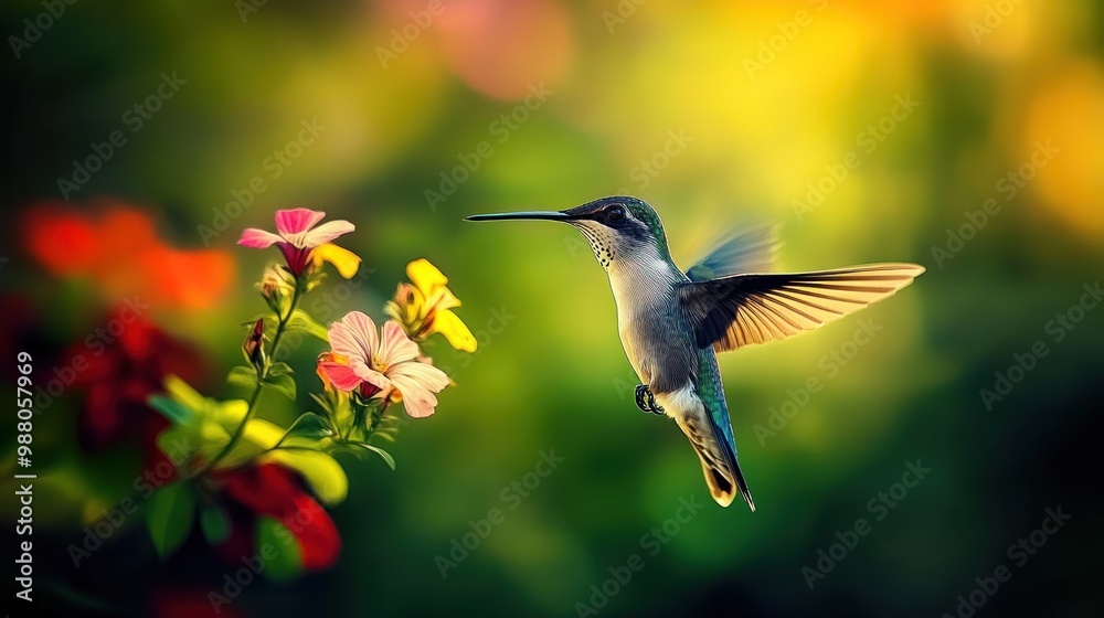 Fototapeta premium A hummingbird hovering near vibrant flowers in a colorful, blurred background.