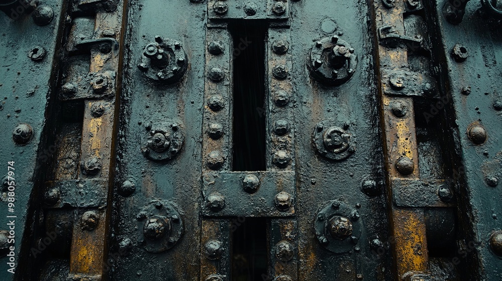A weathered steel surface with rivets, bolts, and a rectangular cutout, creating a compelling abstract texture
