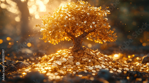 golden money tree with shimmering leaves symbolizes wealth, prosperity, and good fortune. Its vibrant foliage reflects growth and abundance, making it an inspiring focal point for financial success