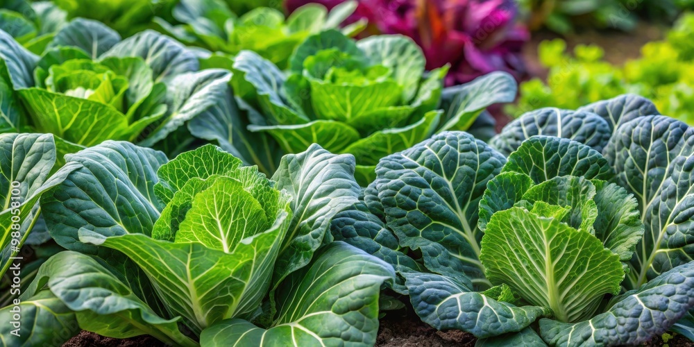 Close-up of various cabbage leaves in a homemade vegetable patch, including chard, kohlrabi, and borecole Close-up of various cabbage leaves in a homemade vegetable patch, including chard, kohlrabi, and borecole