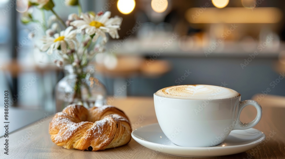 Cappuccino and pastry on a cafe table Cappuccino and pastry on a cafe table