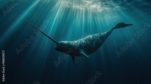 A narwhal swims gracefully in deep ocean waters, illuminated by soft, ethereal light. photo