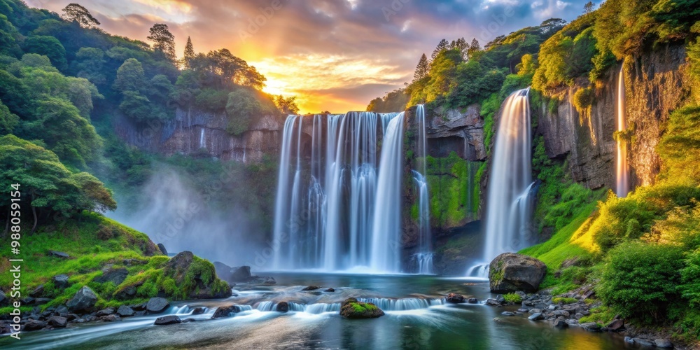 Naklejka premium Powerful Chinda Falls in Oita captured at dawn, showcasing its grandeur and beauty, waterfall, Chinda Falls, powerful, Oita