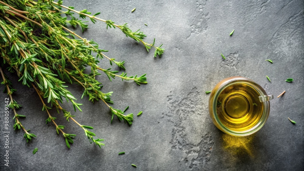 Fresh thyme sprigs and infused olive oil on a gray surface, thyme, sprigs, herb, fresh, aromatic, ingredient, cooking Fresh thyme sprigs and infused olive oil on a gray surface, thyme, sprigs, herb, fresh, aromatic, ingredient, cooking