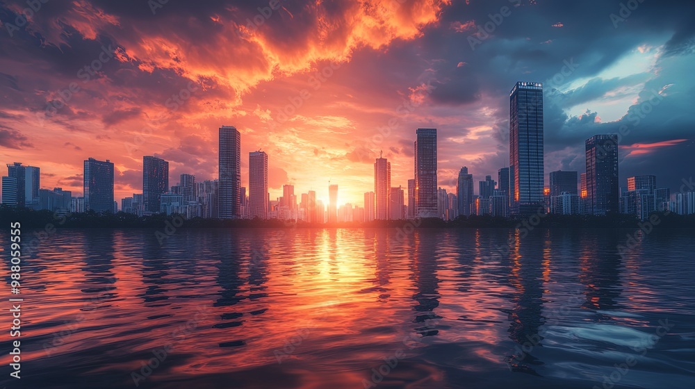 Sunset Over City Skyline with Reflections in Water Sunset Over City Skyline with Reflections in Water