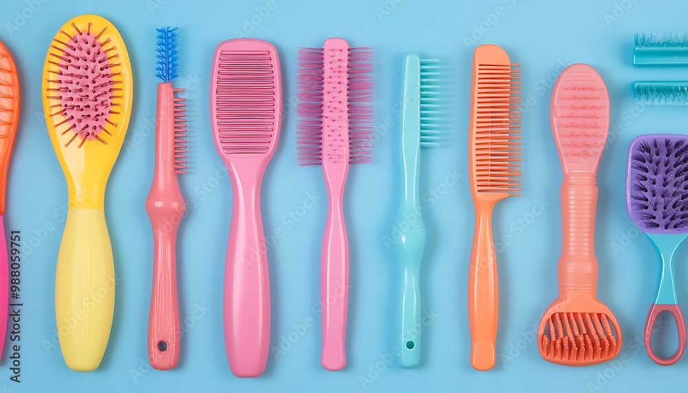 Colorful Hair Brushes and Combs on a Blue Background Colorful Hair Brushes and Combs on a Blue Background