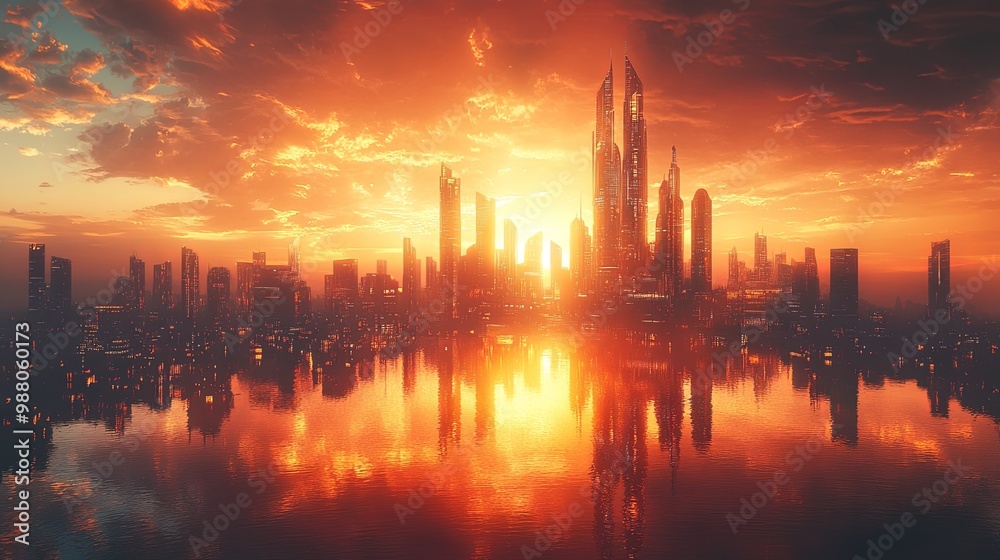 Stunning Sunset Over Urban Skyline with Reflection Stunning Sunset Over Urban Skyline with Reflection