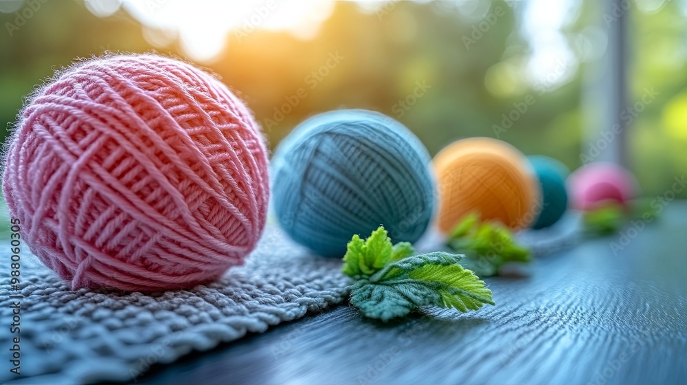 Close up of colorful yarn balls on a table with a blurred background of green foliage and sunlight Close up of colorful yarn balls on a table with a blurred background of green foliage and sunlight