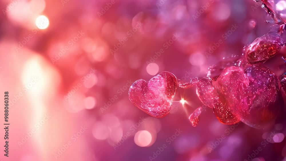 Shiny crystal hearts with sparkles hanging on a pink bokeh background, perfect for romantic or Valentine's Day themes. Shiny crystal hearts with sparkles hanging on a pink bokeh background, perfect for romantic or Valentine's Day themes.