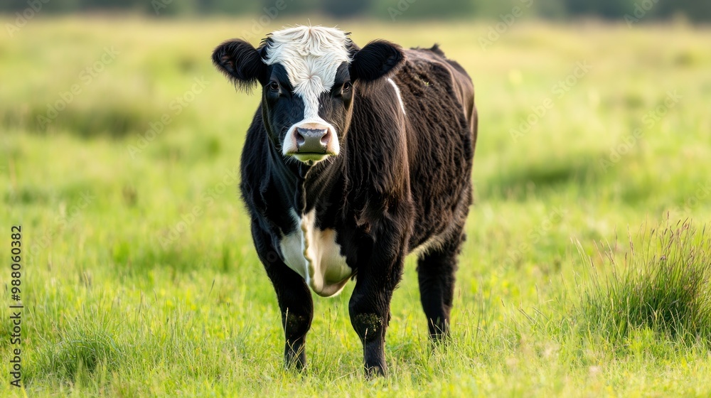 A black and white cow standing in a green field, grazing peacefully under natural light. A black and white cow standing in a green field, grazing peacefully under natural light.