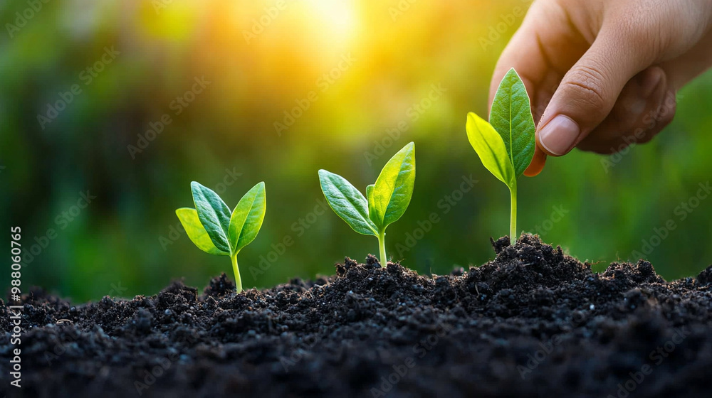 hands gently planting baby plants into rich, dark soil, symbolizing growth, nurturing, and the promise of new beginnings in a vibrant garden setting