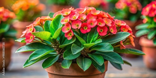 Close up of vibrant Euphorbia milii plant in a pot, succulent, crown of thorns, spiky, green leaves, thorny plant photo