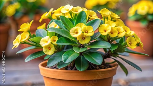 Close up of vibrant yellow euphorbia milii, crown of thorns plant in pot, euphorbia milii, crown of thorns, yellow, vibrant photo