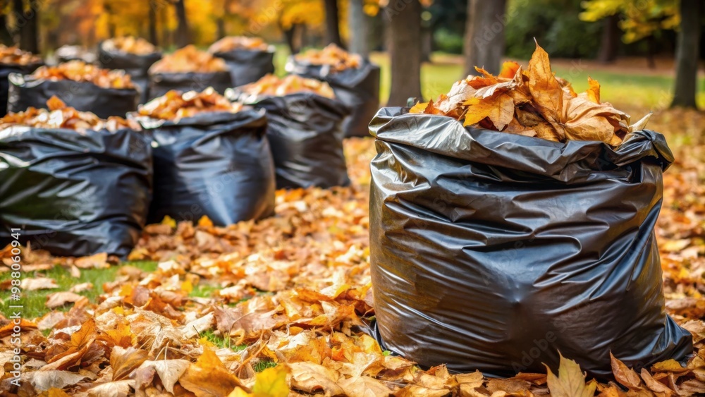 Obraz premium Gathering fallen leaves and placing them in black garbage bags for disposal , leaves, autumn, cleanup, outdoor, seasonal