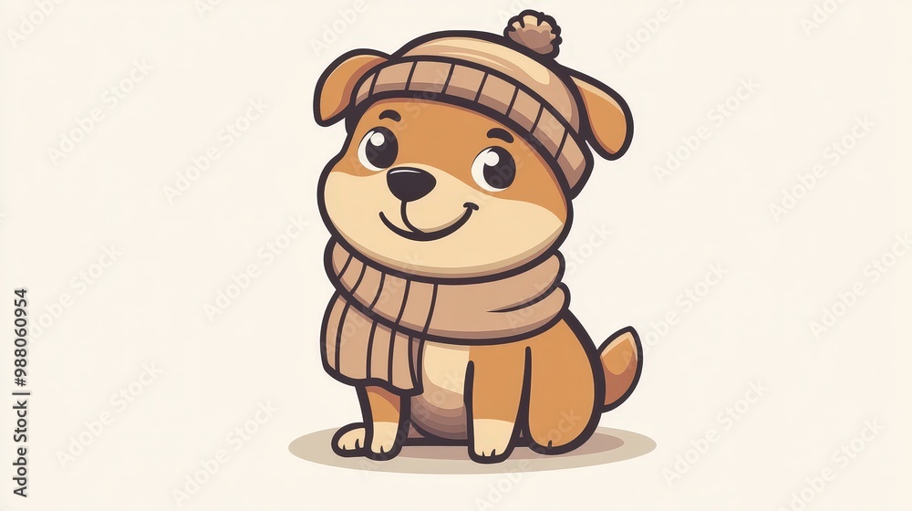 Fototapeta premium Winter-ready Cartoon Dog in Scarf and Hat - Minimalistic 2D Vector Illustration with Soft Pastel Tones on Transparent Background