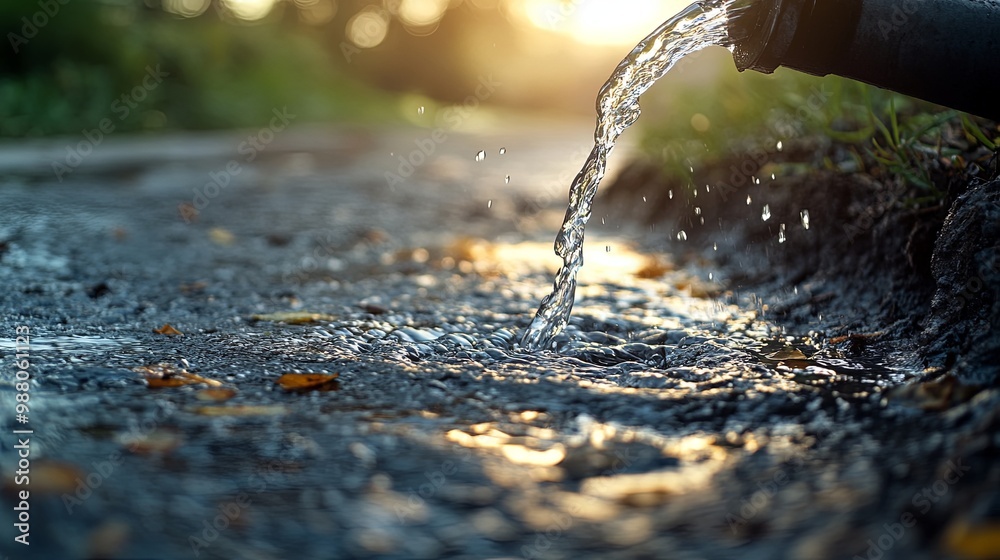 Flowing Water from Pipe on Pathway at Sunset