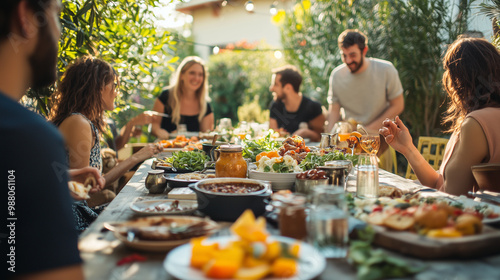 Food, friends and dinner party on backyard patio with happy people and conversation at labor day lunch. Holiday, reunion and meal outside of home with .