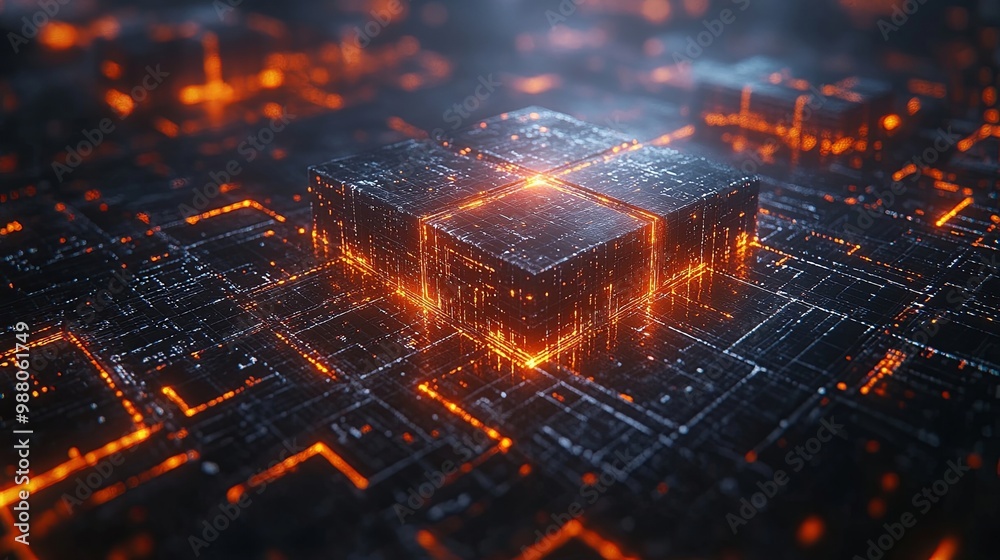 Glowing Cube on a Circuit Board Surface with Orange Lines Glowing Cube on a Circuit Board Surface with Orange Lines