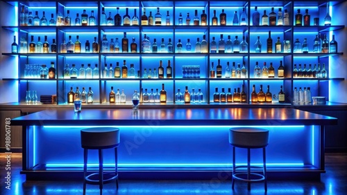 Empty bar with blue counter and shelves of liquor, illuminated by bright lights , bar, blue, counter, shelves, liquor