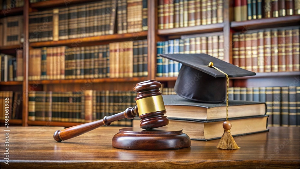 Educación jurídica, estudio legal y aprendizaje judicial con mazo de juez, libros de texto y birrete en una biblioteca. Educación jurídica, estudio legal y aprendizaje judicial con mazo de juez, libros de texto y birrete en una biblioteca.