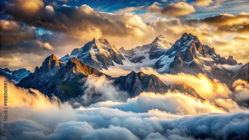 Fototapeta premium Majestic mountains covered in clouds, scenic, nature, outdoors, landscape, foggy, mist, majestic, serene, peaceful, beauty, panorama