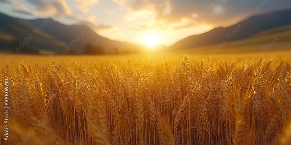 Golden Wheat Field Illuminated by a Warm Sunset with Mountain Range in the Distance