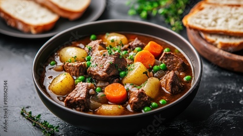 Hearty Beef Stew with Potatoes, Carrots, and Peas in Savory Broth