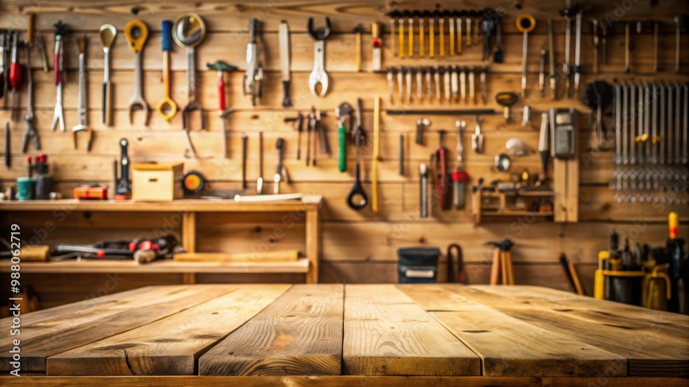 Empty wooden table with blurred carpentry tools on wall in background, wooden, table, empty, carpentry, tools Empty wooden table with blurred carpentry tools on wall in background, wooden, table, empty, carpentry, tools