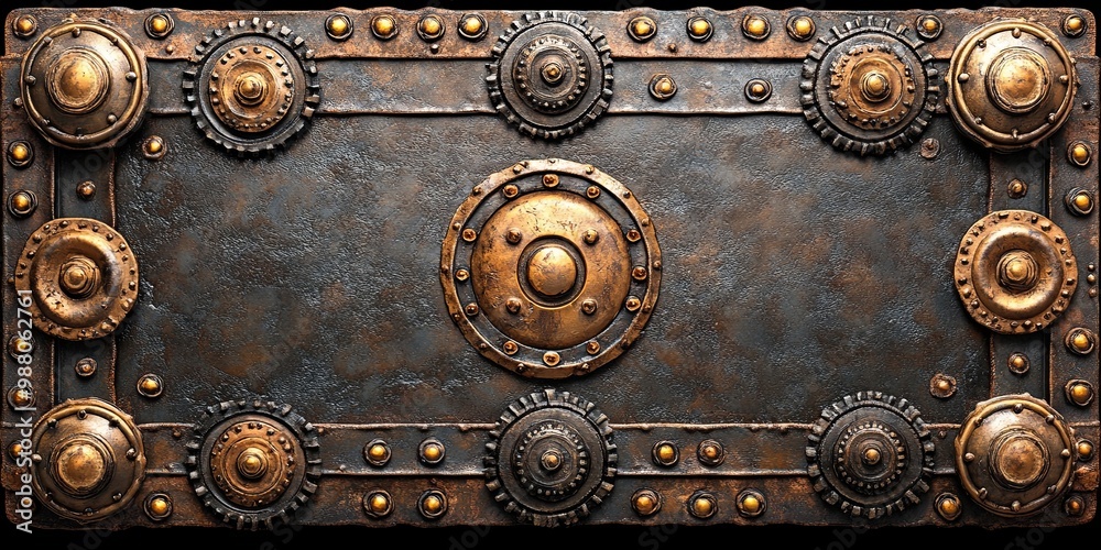 Ornamental Steampunk Metal Panel With Cogs, Gears, and Rivets Ornamental Steampunk Metal Panel With Cogs, Gears, and Rivets