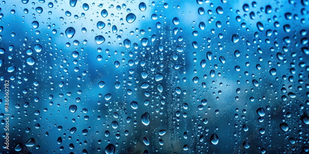 Raindrops on glass with a blue background, raindrops, glass, water, blue, background, close-up, nature, wet, droplets, window Raindrops on glass with a blue background, raindrops, glass, water, blue, background, close-up, nature, wet, droplets, window