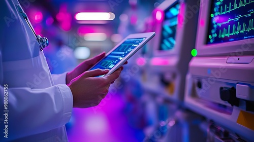 Medical Professional Using Tablet in Neon Setting