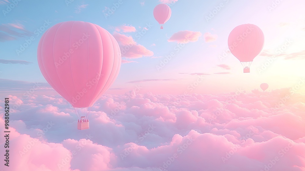 Fototapeta premium Pink Hot Air Balloons Soaring Through a Sea of Clouds at Sunset