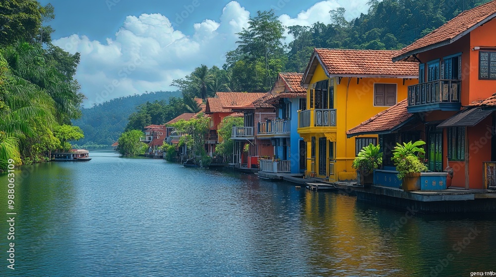 Fototapeta premium Colorful houses by tranquil water in scenic landscape